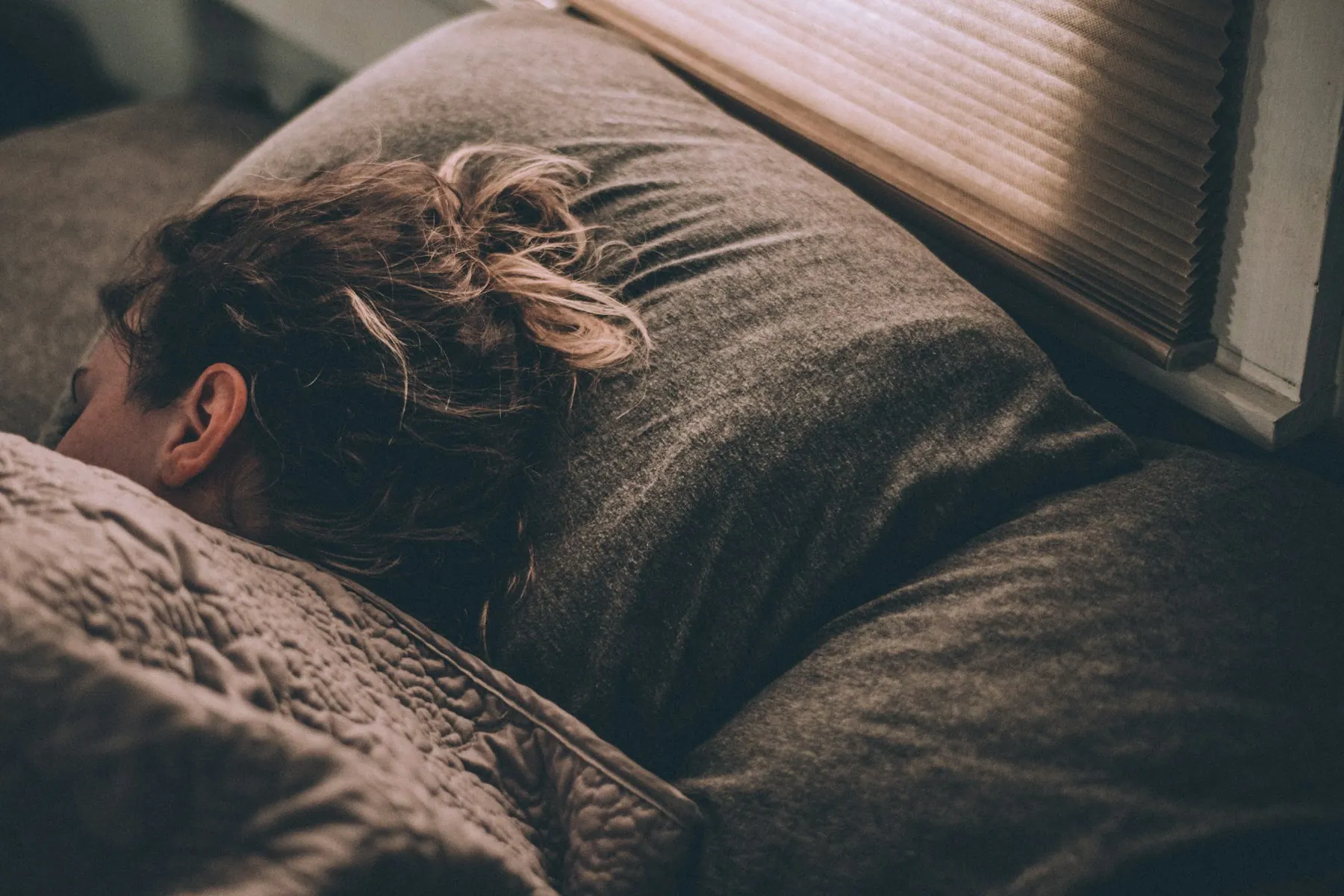 茶色の寝具にくるまって眠る人